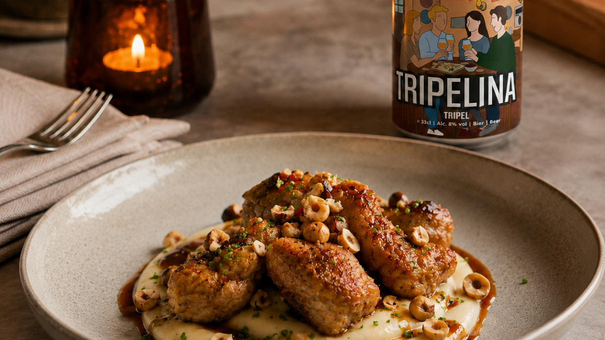 Zwezerik met pastinaakcrème, hazelnoot en jus. Foodpairing met Jake's Beer Tripelina
